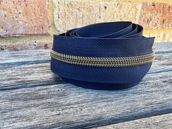 Antique Brass on Navy - Number 5 Zipper Tape