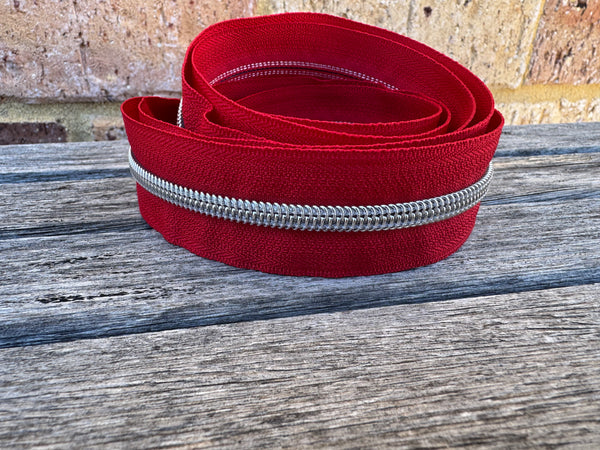 Silver on Red - Number 5 Zipper Tape